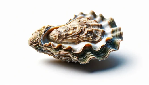 DALL·E 2024-05-14 12.36.08 - A hyperrealistic illustration of a single Sand Dune oyster on a white background. The oyster shell should have a textured, detailed appearance with na